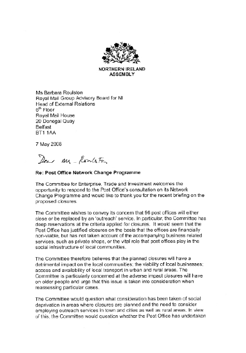 Committee for Enterprise, Trade & Investment Reponse to Post Office Ltd Consultation