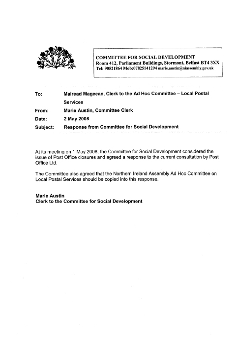 Committee for Social Development’s Response to Post Office Ltd Consultation