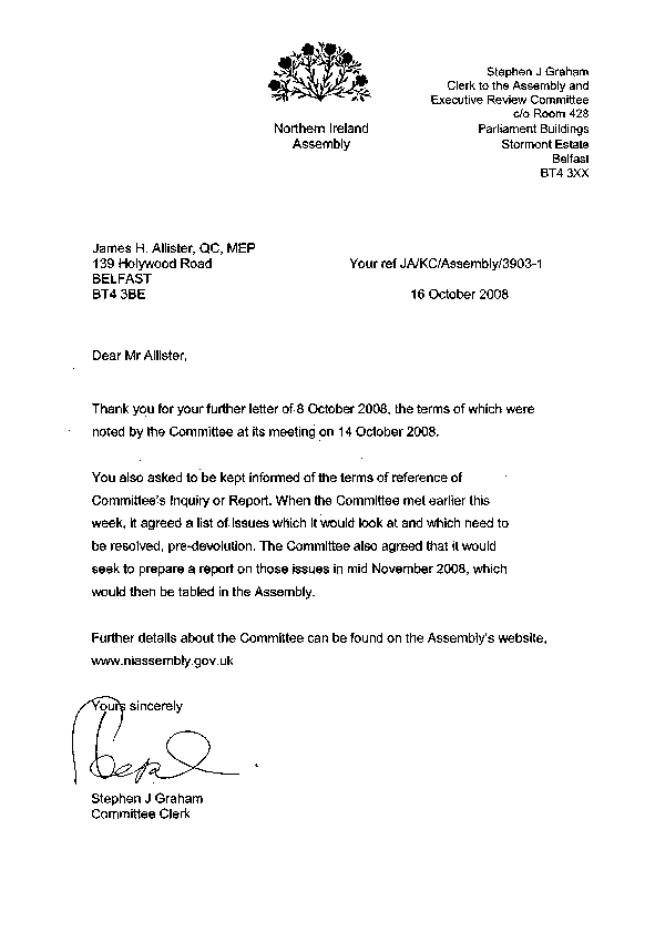 Letter to James H. Allister, QC, MEP 16 October 2008
