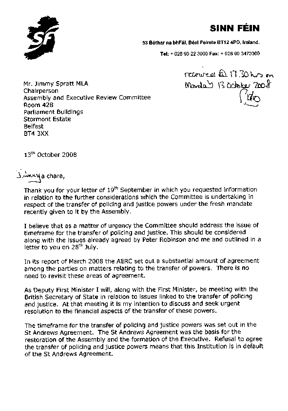 Letter from the deputy First Minister 13 October 2008