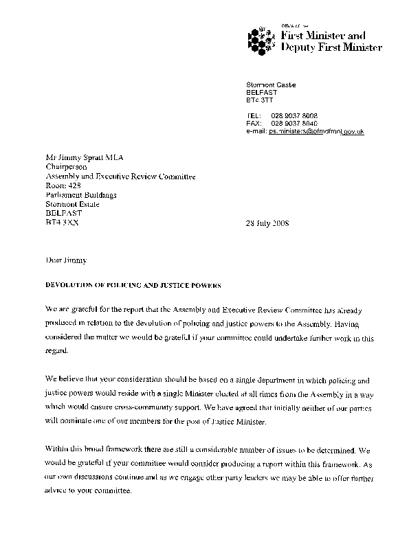 Letter from the First Minister and deputy First Minister 28 July 2008
