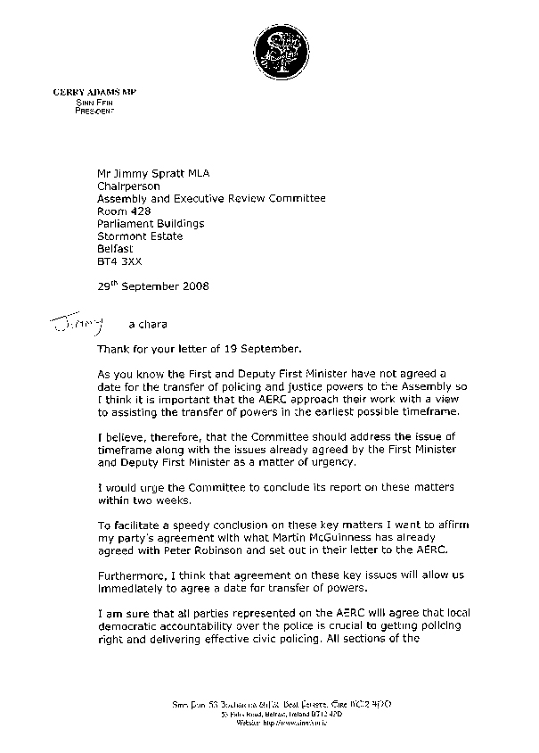 Letter from Sinn Féin 29 September 2008