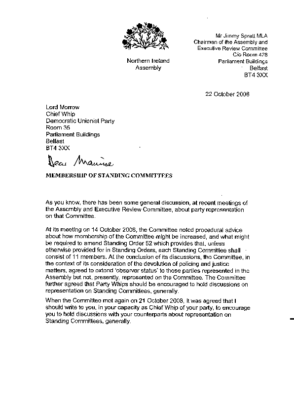 Letter to the Democratic Unionist Party 22 October 2008