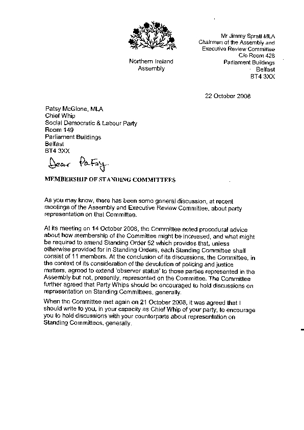 Letter to the Social Democratic and Labour Party - 22 October 2008