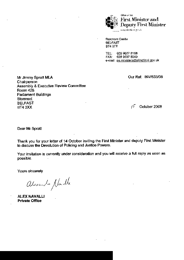 Letter from OFMDFM 15 October 2008 