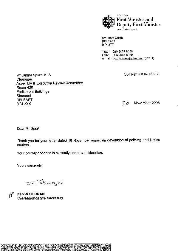 Letter from OFMDFM 20 November 2008