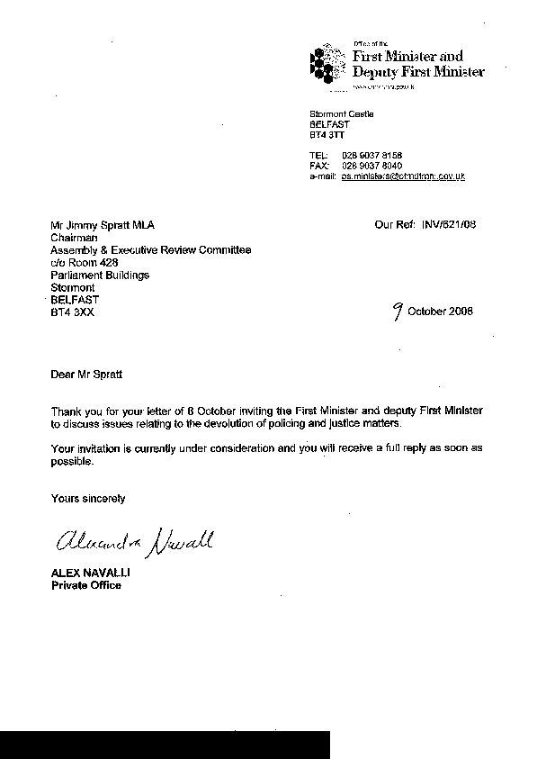 Letter from OFMDFM 9 October 2008