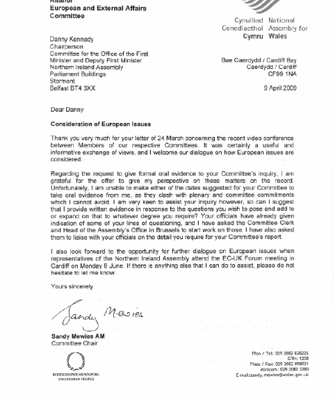 Correspondence from the European and External Affairs Committee National Assembly for Wales