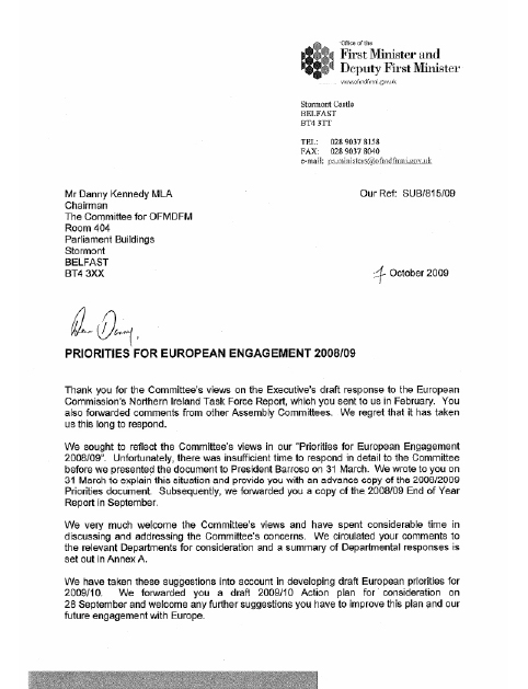 Correspondence from First Minister 