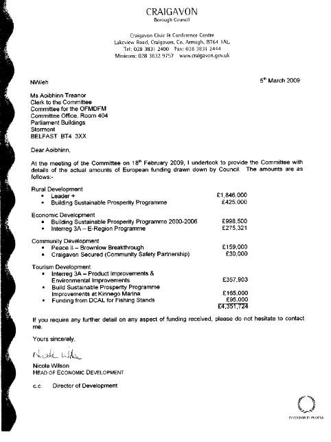 Correspondence from Craigavon Borough Council - 5 March 2009
