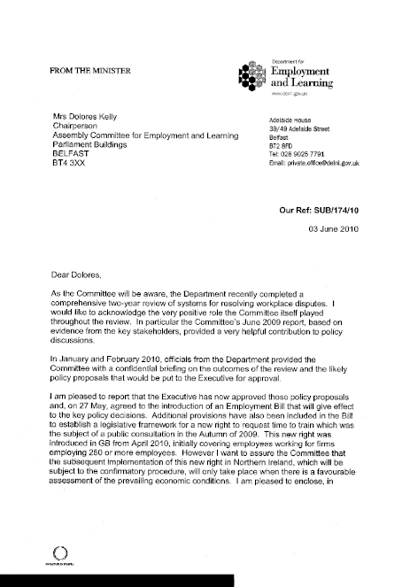 Correspondence from the Minister for Employment and Learning 