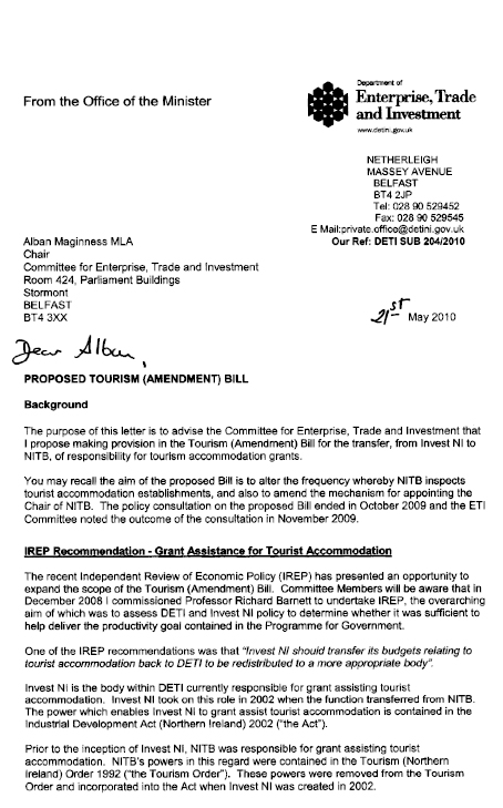 Letter from Minister to Chair re Tourism Bill