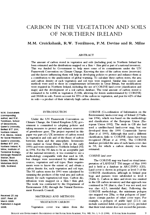 Carbon in the Vegetation and Soils of Northern Ireland