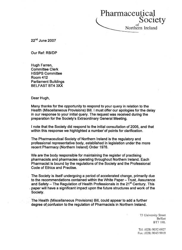 Pharmaceutical Society of Northern Ireland letter to Committee page 1