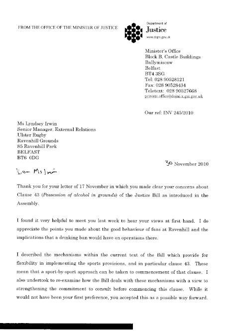 Correspondence to Ulster Rugby - Clause 43 submission