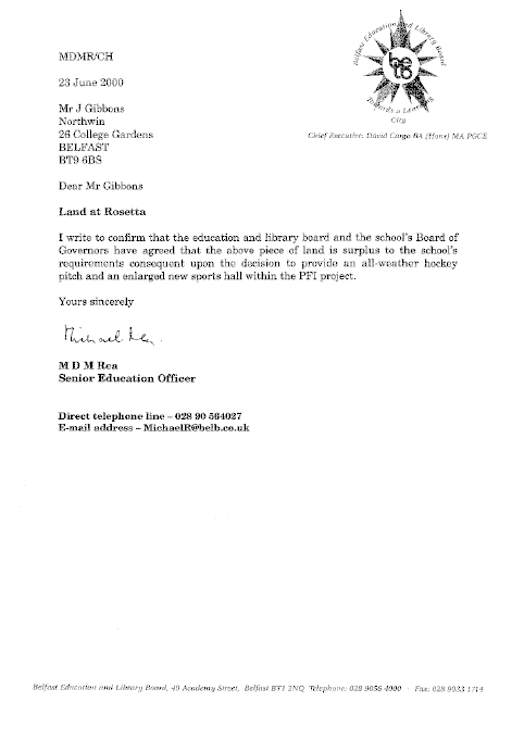 letter from Belfast Education and Library Board