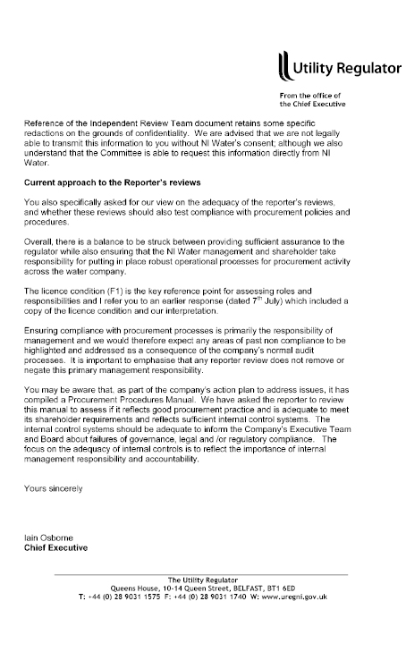 Regulator's letter to the Chairperson 25 October