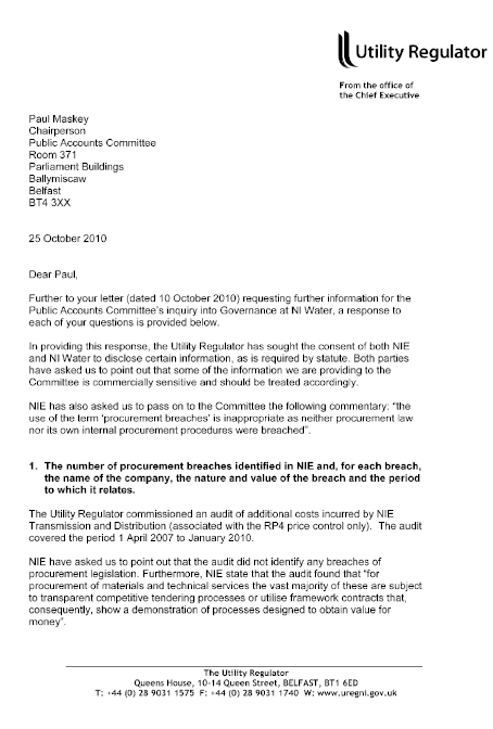Regulator's letter to the Chairperson 25 October
