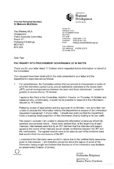 Dr McKibbin's letter to Chairperson 22 October