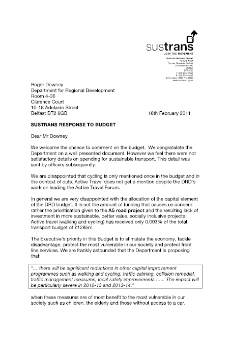 Sustrans response to Draft Budget, 16 February 2011