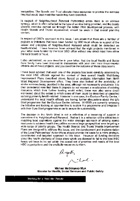 Letter from M McGimpsey DHSSPS response to 3.7.08