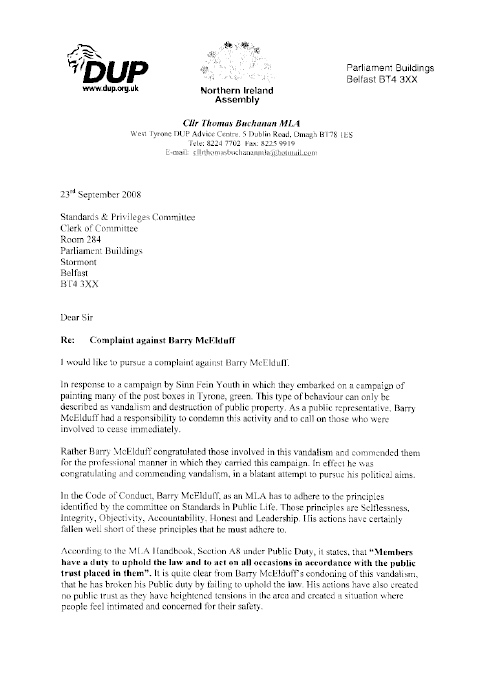 Letter of Complaint by Mr Thomas Buchanan MLA