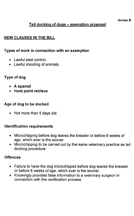 Tail docking of dogs - exemption proposal
