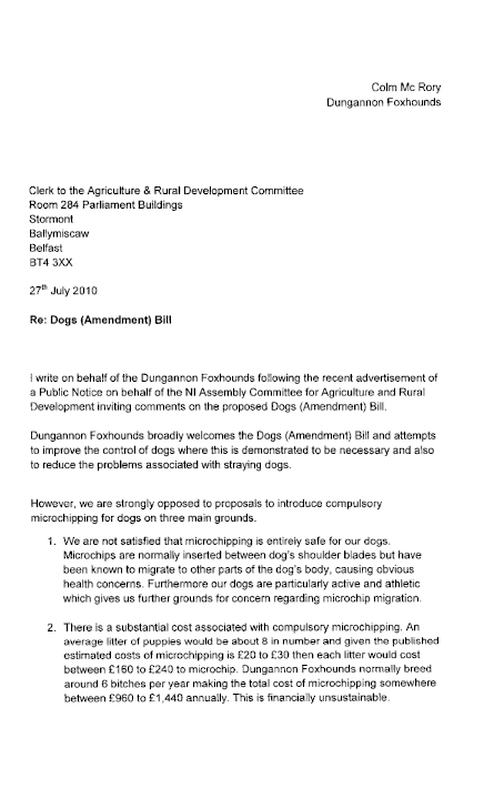 Letter to the Clerk of the Agriculture Committee