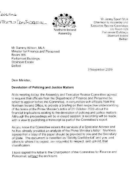 Letter to Minister for Finance and Personnel