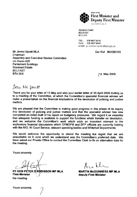 Letter from First Minister and deputy First Minister