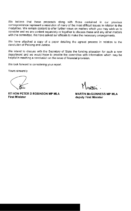 Letter from First Minsiter and Deputy First Minister