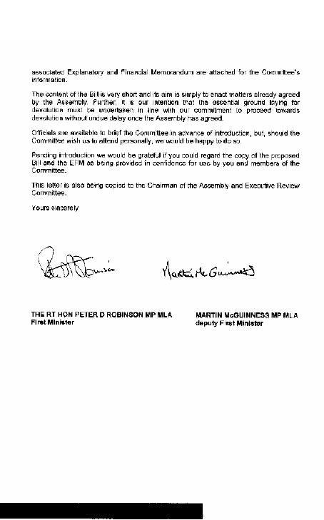 Letter from First Minister and deputy First Minister