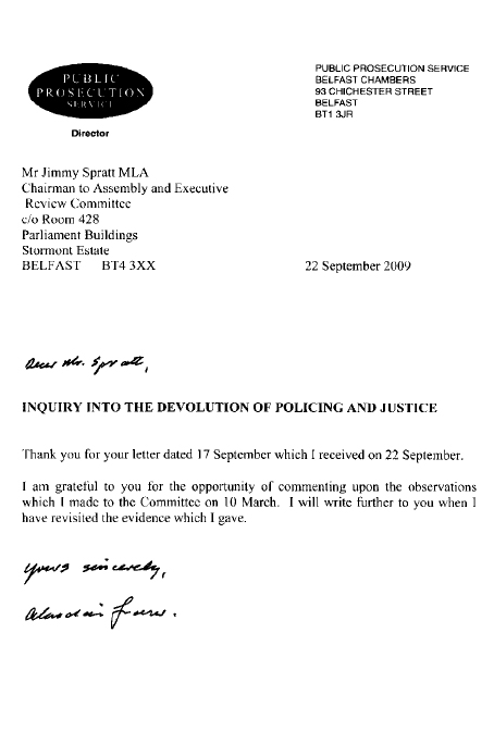 Letter from Public Prosecution Service
