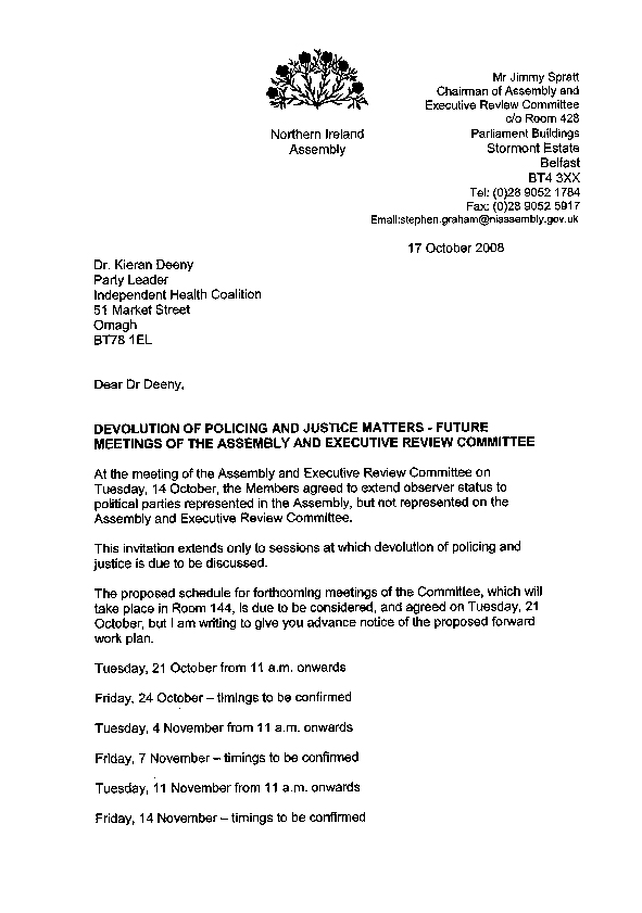 Letter to the Independent Health Coalition 17 October 2008