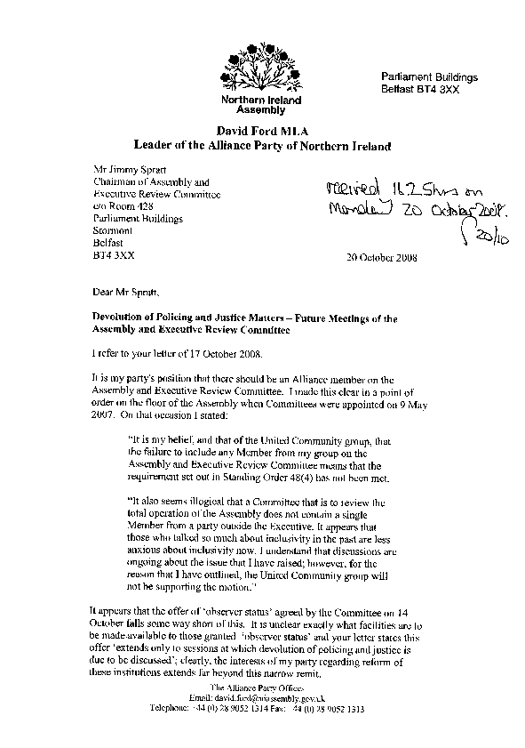 Letter from David Ford, MLA 20 October 2008