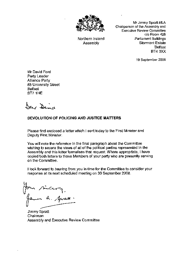 Letter to the Alliance Party 19 September 2008