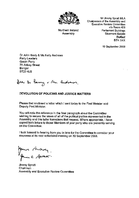 Letter to the Green Party 19 September 2008