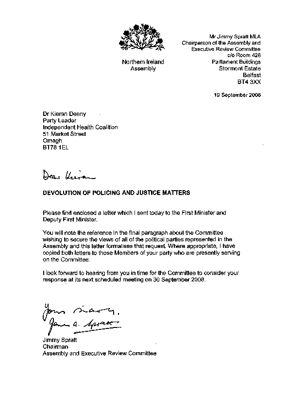 Letter to the Independent Health Coalition 19 September 2008
