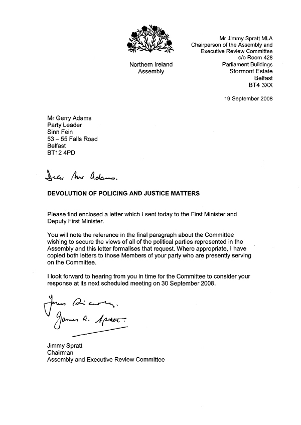 Letter to Sinn Fin 19 September 2008