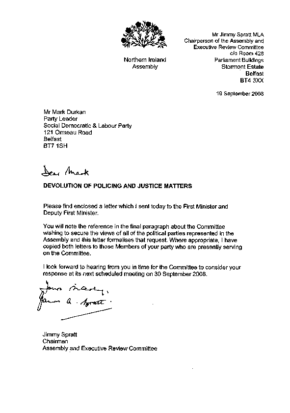 Letter to the SDLP 19 September 2008