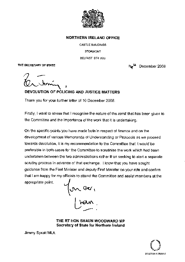 Letter from the Secretary of State 14 December 2008