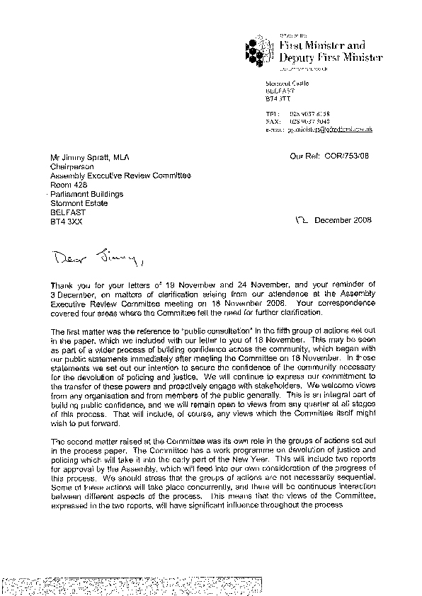 Letter from the First Minister  and deputy First Minister 12 December 2008