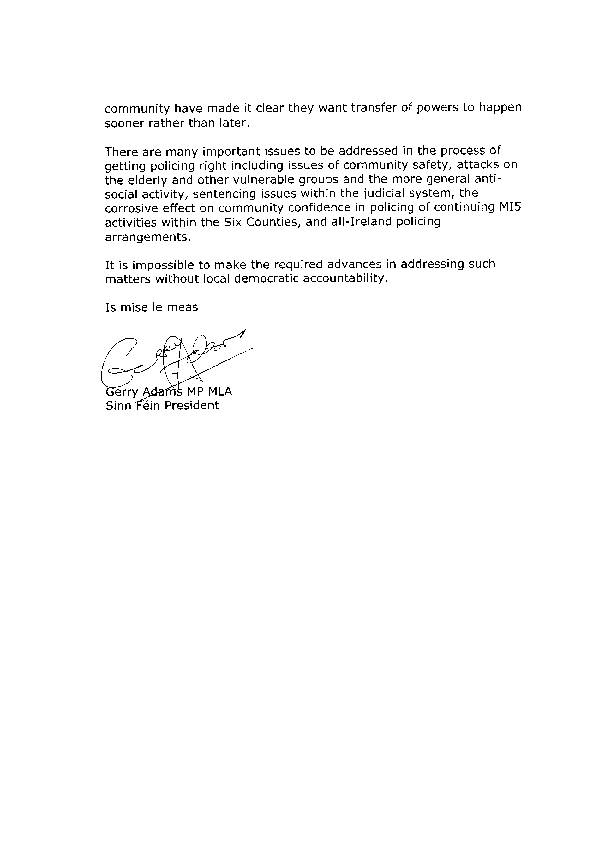 Letter from Sinn Fin 29 September 2008