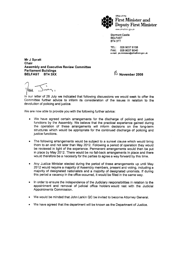 Letter from the First Minister and deputy First Minister 18 November 2008