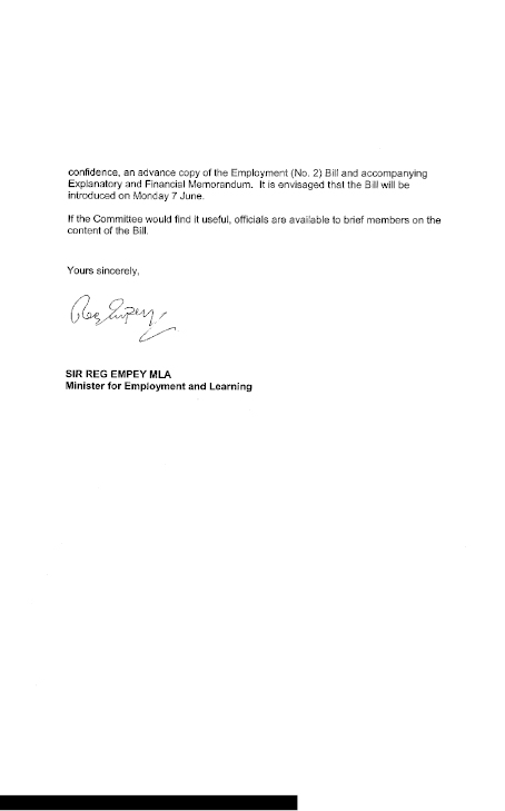 Correspondence from the Minister for Employment and Learning 