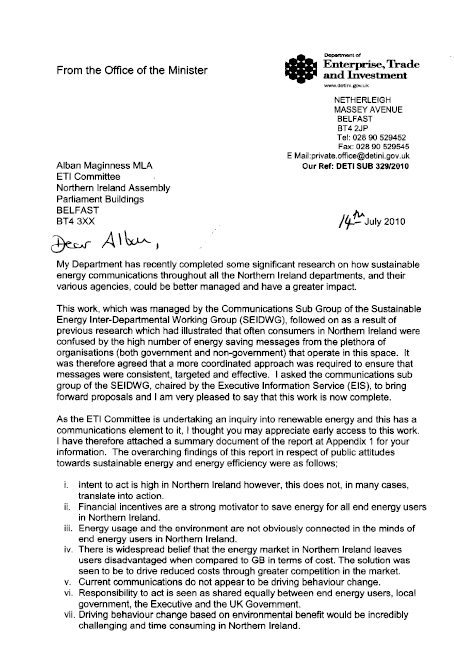Letter from Minister re Sustainable Energy Communication in NI