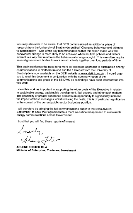 Letter from Minister re Sustainable Energy Communication in NI