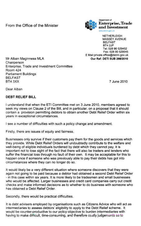 Letter from Minister re Clause 2 Debt Relief Bill
