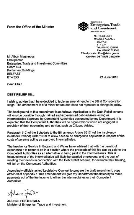 Letter from Minister to Chair re Amendment to Debt Relief Bill