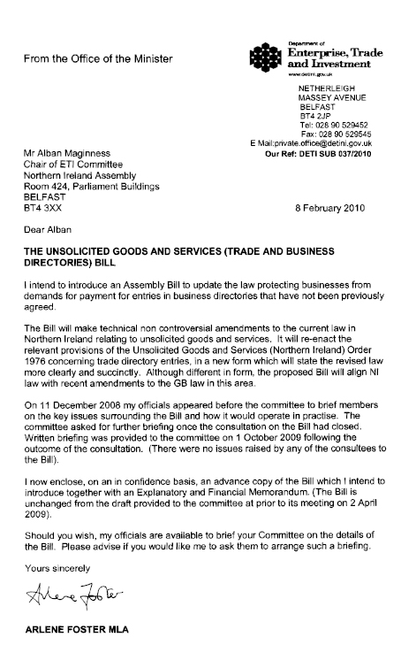 Letter from Minister re Unsolicited Services Bill